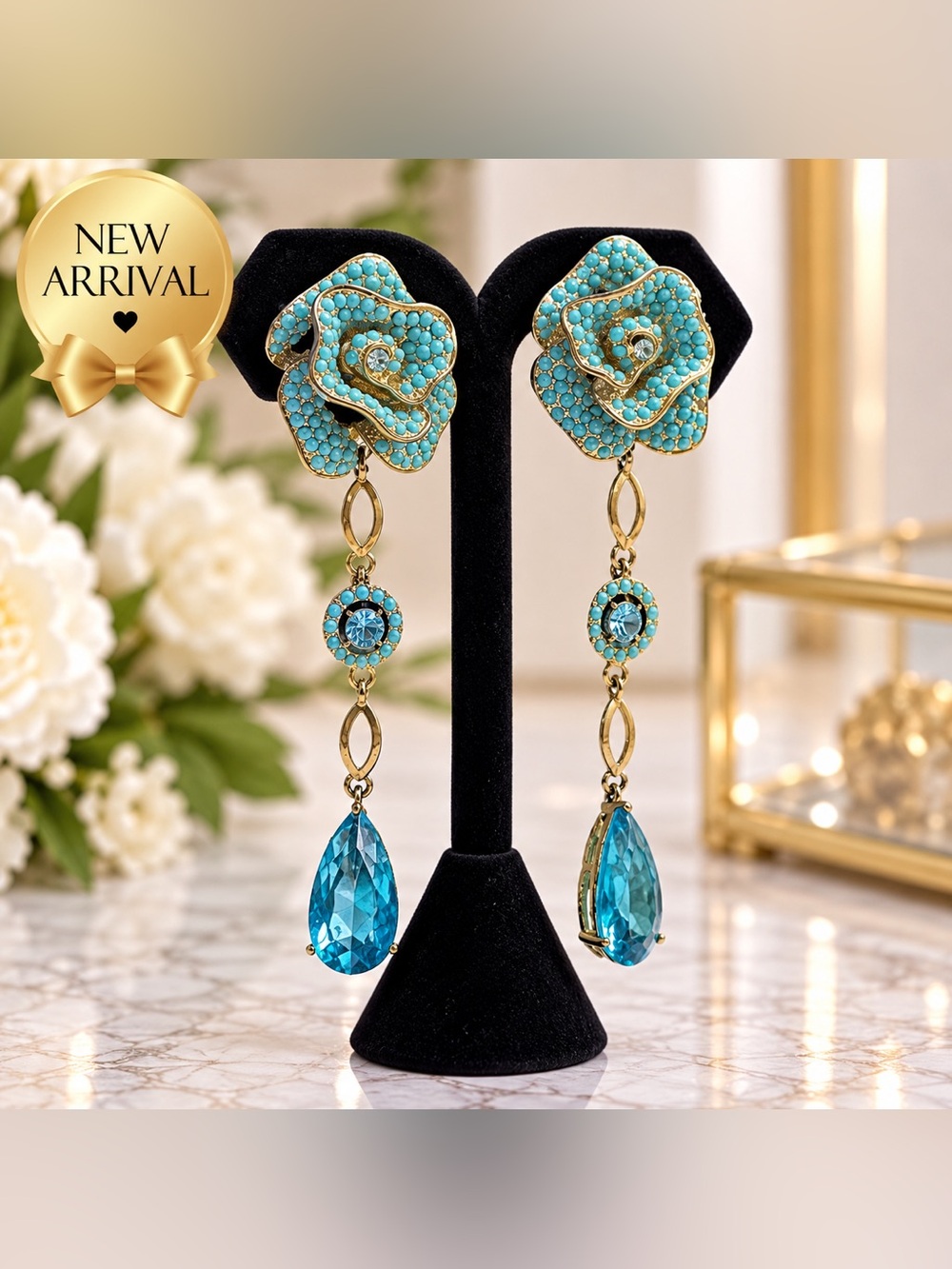 🩵 Turquoise Rose & Crystal Drop Earrings 🩵
